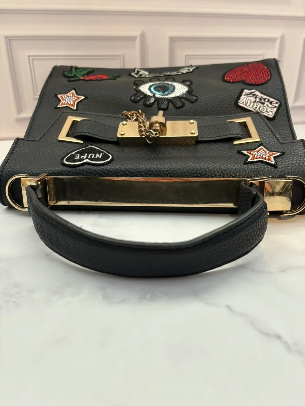 ALDO BLACK HANDBAG PURSE PATCHES EUROLINE-98 REMOVABLE CROSSBODY CHAIN